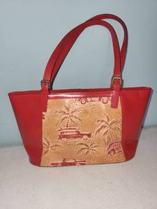 lot 456 image: Capaccioli Genuine Leather Red Handbag with Tropical Design
