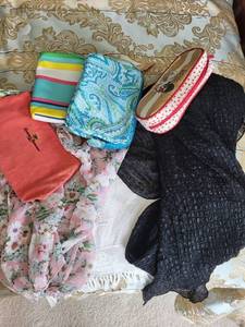 lot 602 image: Assorted Lot of 5 Decorative Scarves and 5 Fabric Pouches