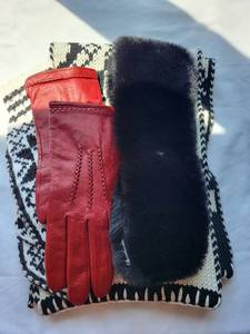 lot 604 image: Set of Ralph Lauren Knit Mittens, Scarf, Red Leather Gloves, and Faux Fur Headband