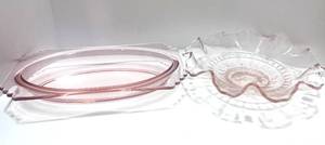 lot 7 image: Pink Depression Serving Tray and Ruffled Bowl