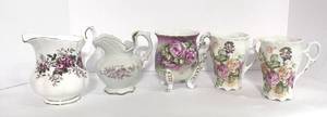 lot 26 image: 5 Antique Creamers and Cups Lefton Royal Albert