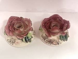lot 72 image: Pair of Rose Occupied Japan Candle Holders