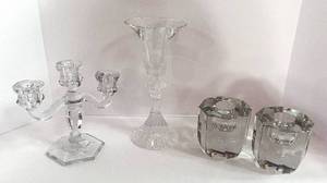 lot 35 image: Mikasa The Ritz Crystal Candle Holder, Westermore Three Candle Holder, Pair of Heavy Crystal Candle Holders