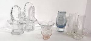 lot 36 image: Vintage Etched Cordials, Two Crystal Baskets, Small Dish, Tiny Snifter and Blue Vase