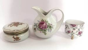 lot 53 image: Lefton Pitcher, Powder Dish and Footed Pin Holder