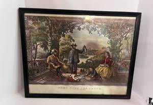 lot 65 image: Early 1900s Home From The Brook Framed Currier and Ives Lith Print