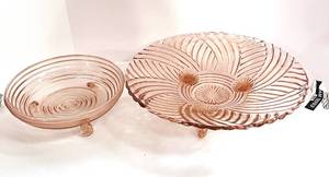 lot 68 image: Pink Depression Manhattan Pattern Footed Bowl and Prismatic Serving Dish