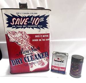 lot 91 image: Vintage Aunt Sues Dry Cleaner Tin, Natco Poppy Seed Tin,  and Royal Baking Powder Tin