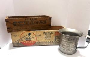 lot 101 image: Two Vintage Cheese Boxes and Metal Measuring Cup