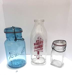 lot 102 image: Two Vintage Mason Jars and Vintage Mankato Creamery Milk Bottle