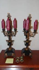 lot 4 image: Pair of Early 1900s Black Marble and Brass Candlesticks. 19 Tall