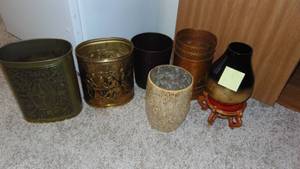 lot 14 image: Assorted Trash Cans and 2 Vases