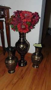 lot 20 image: 3-Vintage Brass and Black Etched Vases. 2 at 10 Tall and 1 at 16 Tall