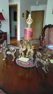 lot 35 image: Pair of Brass Dragons Figures and Brass and Wood Candleholder