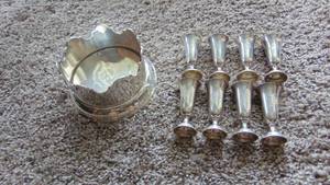 lot 37 image: 8-Sterling Silver Cordials and Silverplate Wine Bottle Holder