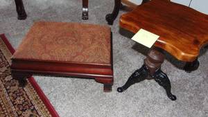 lot 39 image: Piano Stool, Wood Top and Metal Legs and Fabric Footstool