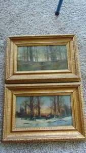 lot 49 image: Pair of Oils Printings on Wood By H. Kent. 11.5 x 16