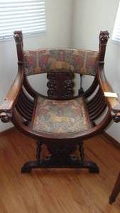 lot 56 image: Oak Roman Chair with Lion Heads and Carvings