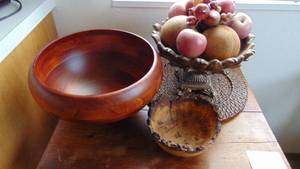 lot 58 image: Large Wooden Bowl, Hand Curved Smaller Bowl and Home Decor Bowl