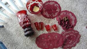 lot 62 image: Cut to Clear Red Vase, Bowl and 4 Cranberry Colored Shot Glasses plus Misc