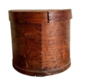 lot 21 image: Antique Wooden Cheese Wheel Box with Rustic Patina