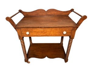 lot 32 image: Antique Wooden Tea Cart with Two-Tier Design and Drawer