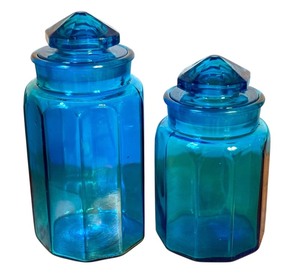 lot 40 image: L.E. Smith Teal Blue Aquamarine Paneled Glass Canisters Set of 2, Turquoise Blue