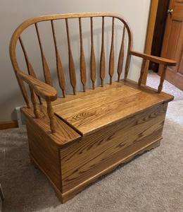 lot 42 image: Solid Oak Storage Bench with Backrest and Armrests