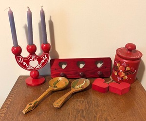 lot 91 image: Vintage Decorative Scandinavian Decor Candelabra, Heart Accented Wall Hook, Rosmaling Lidded Jar, Wooden Spoons and More