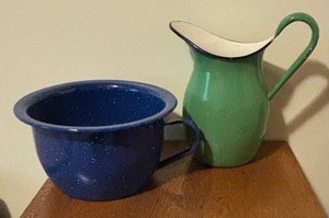 lot 99 image: Vintage Enamel Ware Chamber Pot and Pitcher