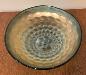 lot 121 image: Vintage Westmoreland Pearly Dots Green Carnival Glass Footed Bowl