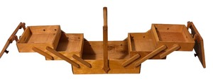 lot 138 image: Vintage Wooden Accordion Sewing Box  Cantilever Sewing Box