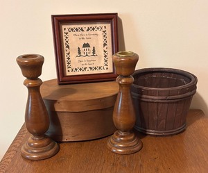 lot 150 image: Vintage Turned Wood Candle Holders, Print, Shaker Box and Petite Bucket