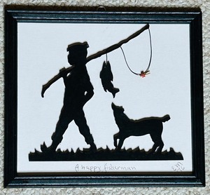 lot 113 image: Petite Framed Paper Cut Silhouette in Black Wood Frame A Happy Fisherman
