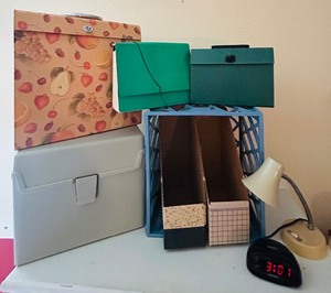 lot 114 image: Home Office and Organizing Lot including File Folders, Vintage Desk Lamp, Alarm Clock and More