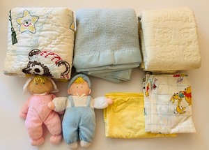 lot 108 image: Adorable Vintage Crib Linens and Toys