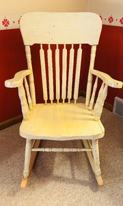 lot 67 image: Vintage Wooden Rocking Chair with Slat Back Design