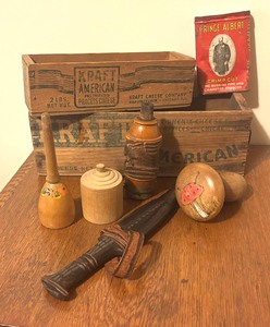lot 158 image: Vintage Wooden Cheese Boxes, Knife, Tobacco Tin and More