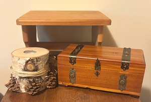 lot 159 image: Vintage Stool, Birch Candle and Dresser Box