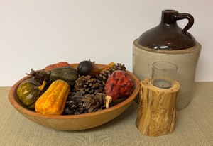 lot 244 image: Vintage Shoulder Jug, Primitive Bowl and Faux Gourd Decor