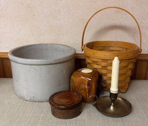 lot 257 image: Vintage Crock, Basket, Candle Holders, Trinket Box and More