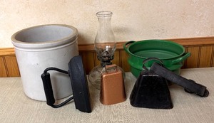lot 109A image: Fun Vintage Finds Crock, Metal Bells, Oil Lamp, Enamel Bowl, Iron and More