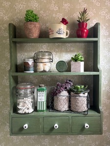 lot 324 image: Vintage Green Wooden Wall Shelf with Drawers and More