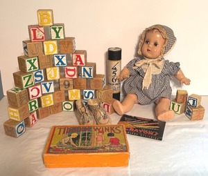 lot 335 image: Vintage Toy Collection 17 Doll, Alphabet Blocks, Tiddledy Winks Game, and Pick Up Sticks