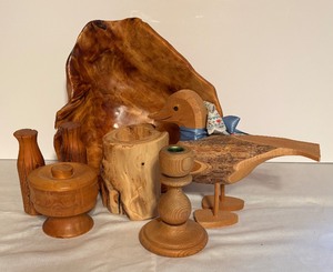 lot 339 image: Wooden Treasures including Wooden Hand Burled Bowl, Carved Wooden Bird Figurine and More