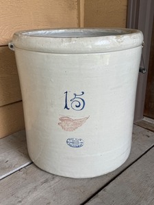 lot 1 image: Vintage Red Wing 15 Gallon Stoneware Crock with One Handle