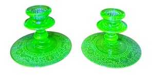 lot 15 image: Pair of Vintage Uranium Glass Candle Holders with Etched Floral Design, 3.5