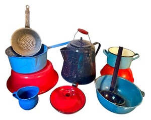 lot 202 image: Vintage Enamelware Kitchen Collection with Kettle and Bowls