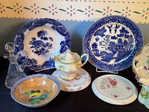 lot 205 image: Collection of Vintage Plates and Glassware Including RS Prussia Creamer