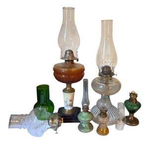 lot 213 image: Antique Oil Lamp Collection with Hand Painted Details